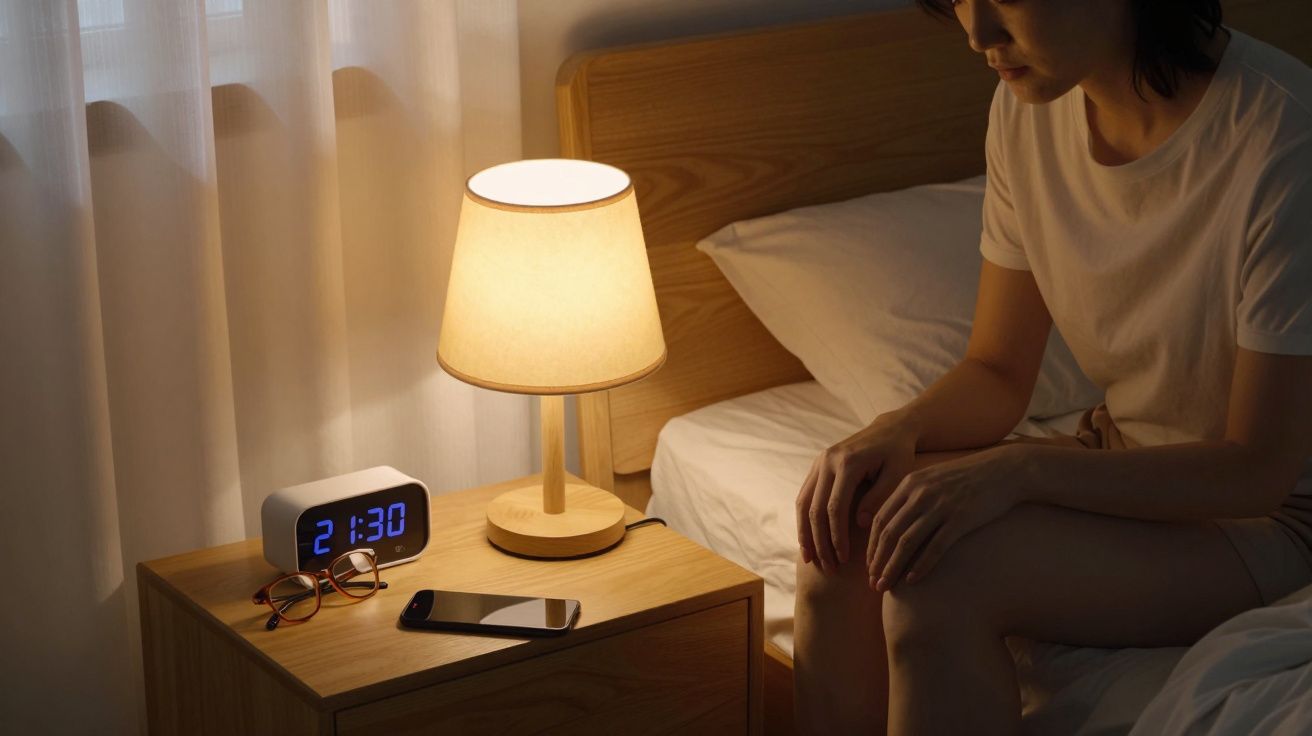 Mulher sentada na cama ao lado de um criado-mudo com abajur aceso, relógio digital, óculos e celular.