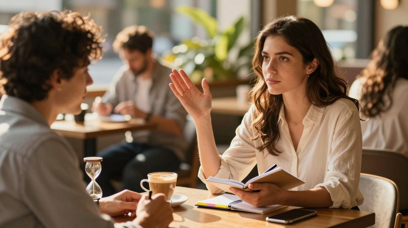 Mulher gesticulando conversa com homem em café, com caderno e café na mesa. Ambiente iluminado e descontraído.