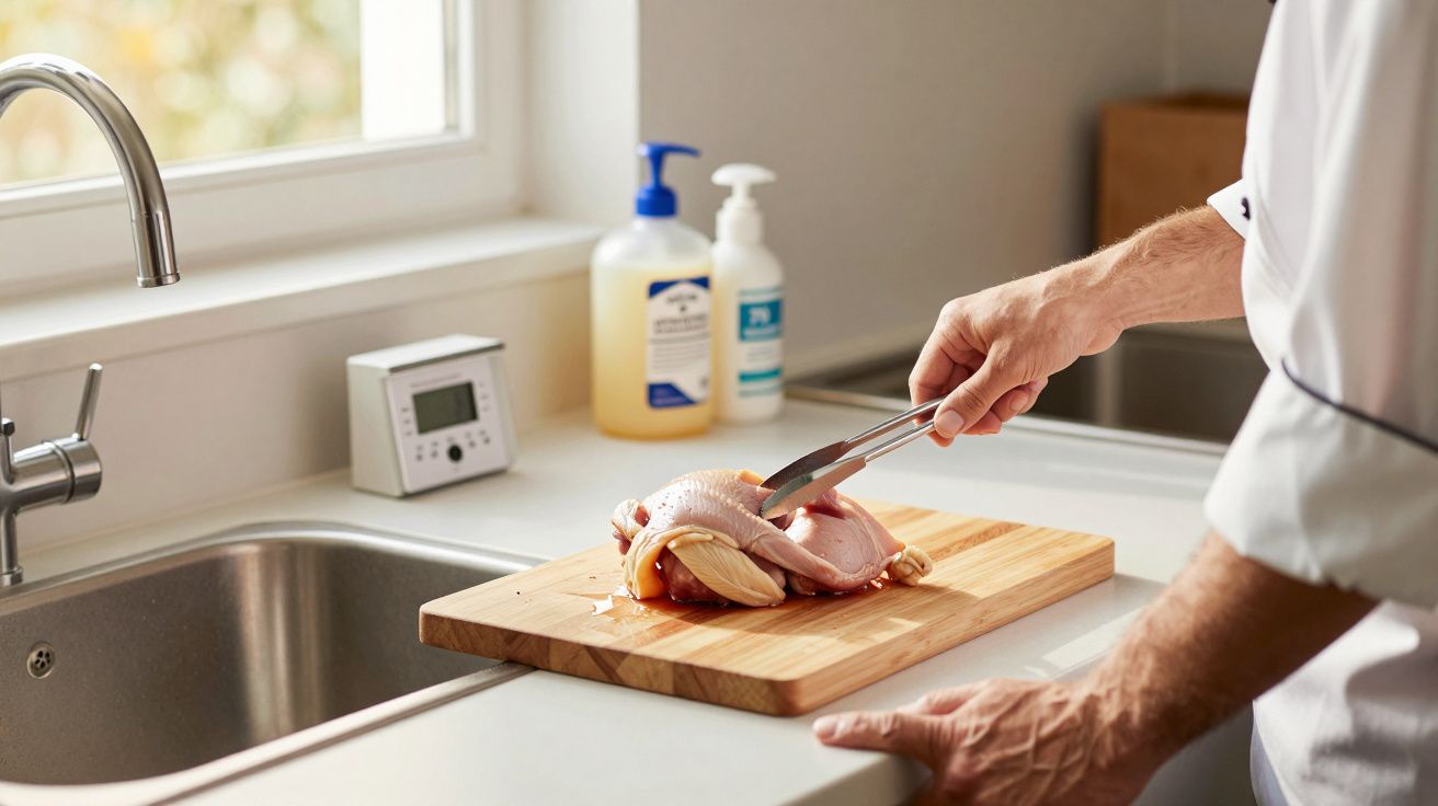 Pessoa cortando frango cru em tábua de madeira na pia da cozinha. Produtos de limpeza visíveis ao fundo.