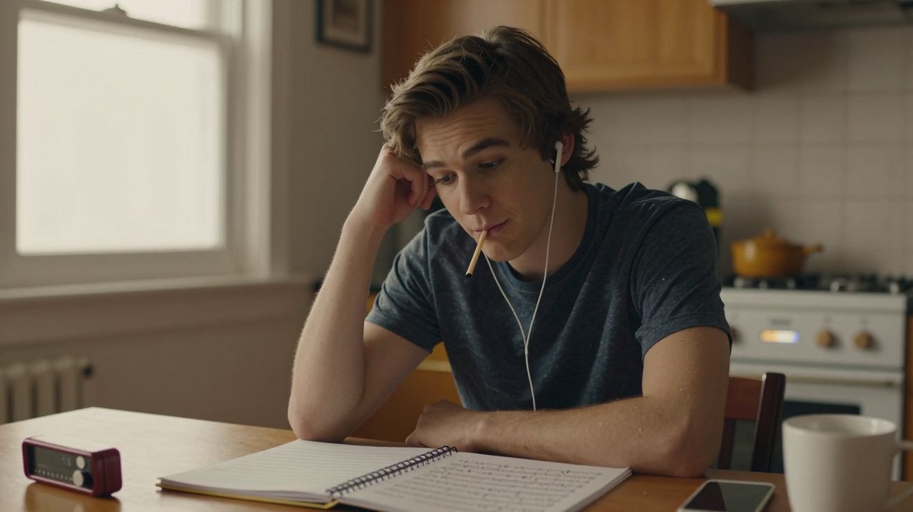 Jovem pensativo com fone de ouvido, olhando caderno na mesa, lápis na boca, em cozinha com fogão e janela ao fundo.