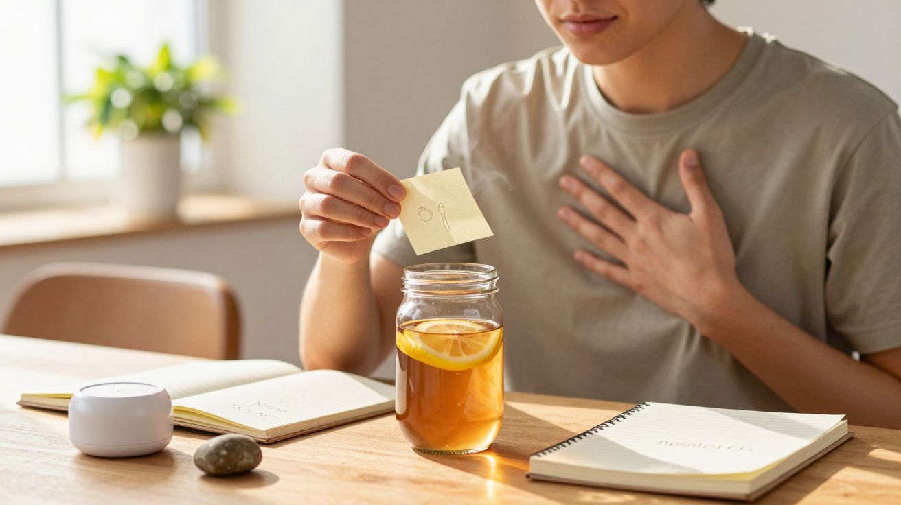 Pessoa segurando nota sobre jarra de chá com limão. Mesas com cadernos e planta ao fundo.