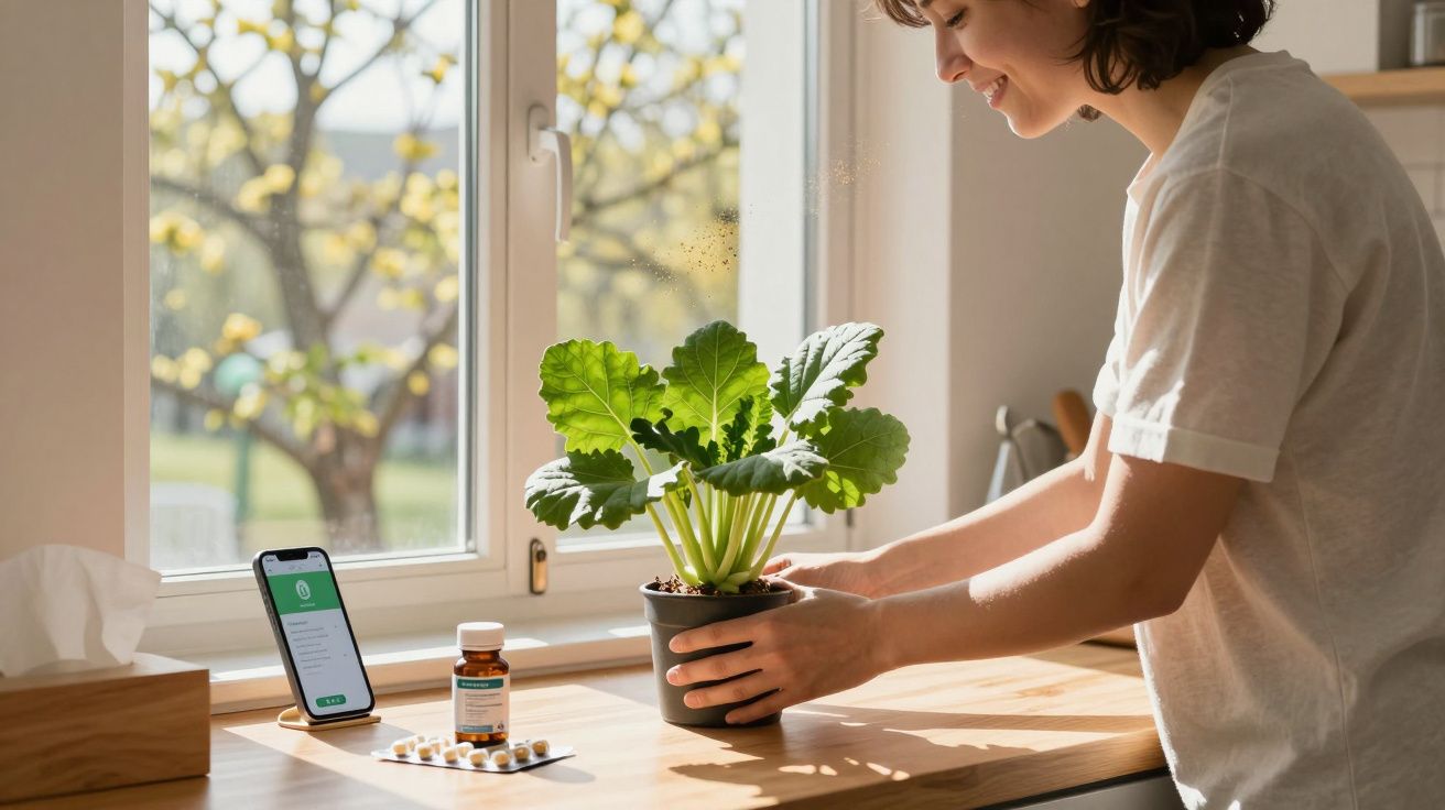 Mulher cuidando de planta em vaso na cozinha, com smartphone e medicamentos ao lado, janela ao fundo.