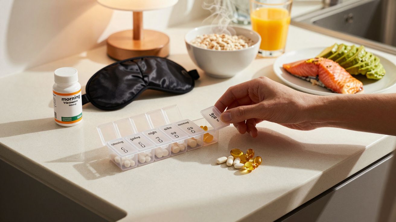 Mão pegando suplementos de organizador sobre bancada; salmão, abacate, suco e máscara de dormir ao fundo.