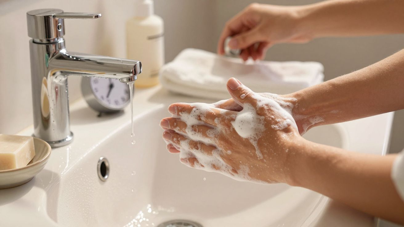 Pessoa lavando as mãos com sabão em uma pia, com água corrente e toalha ao fundo.