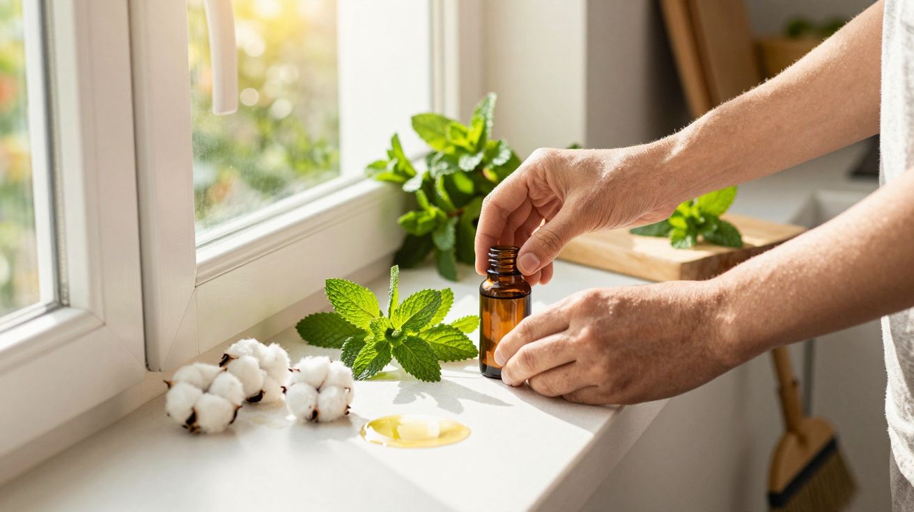 Mãos segurando frasco âmbar perto de algodão, limão e folhas de hortelã em peitoril de janela iluminado pelo sol.