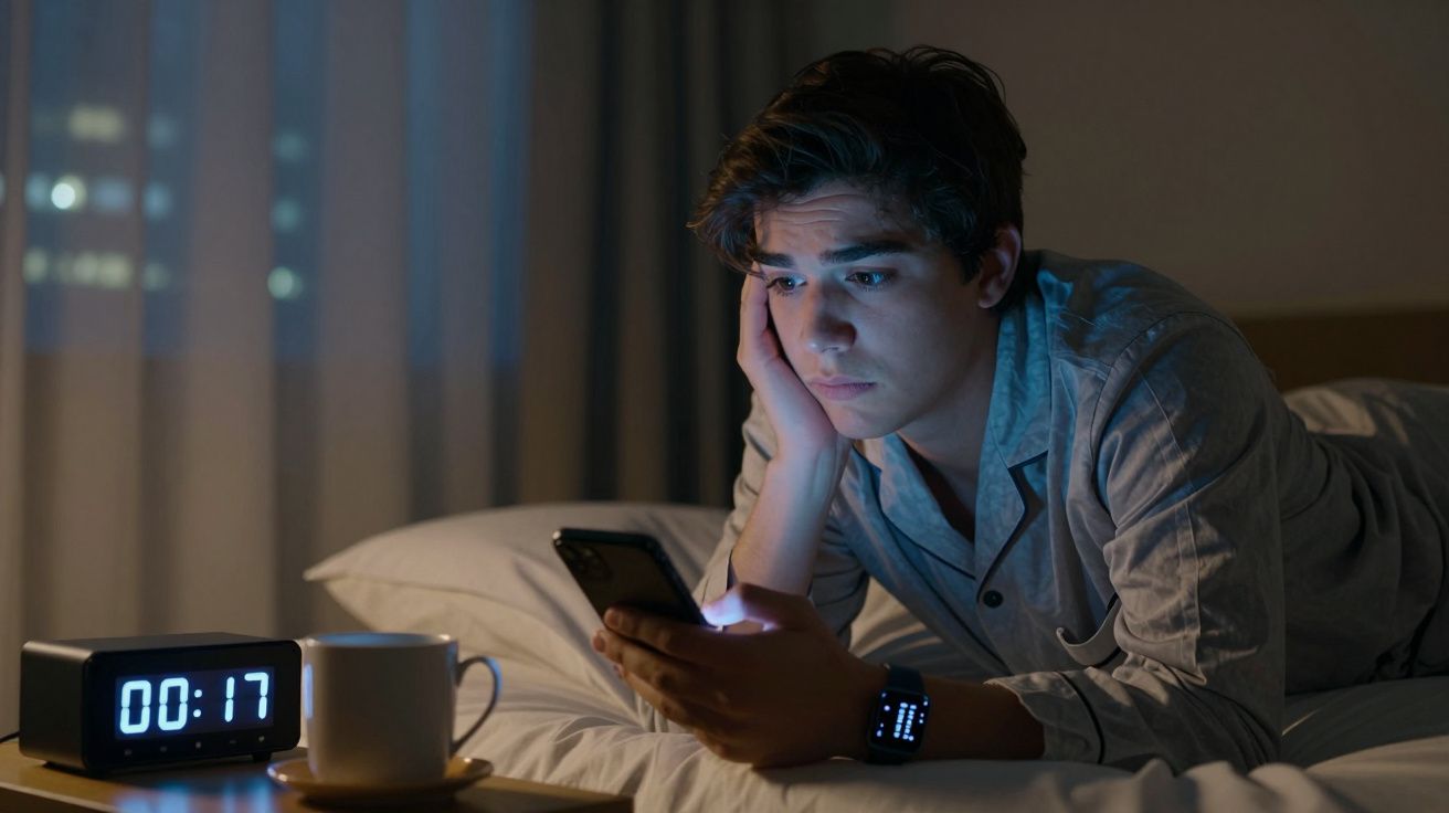 Homem deitado na cama à noite, olhando para o celular, com uma caneca e um despertador marcando 00:17 na mesa.
