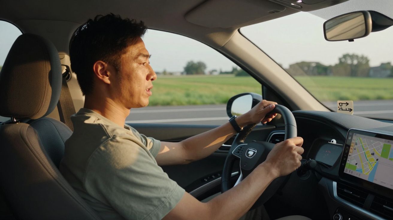 Homem dirigindo carro em estrada, usando GPS no painel. Campos verdes ao fundo, sob luz suave do entardecer.