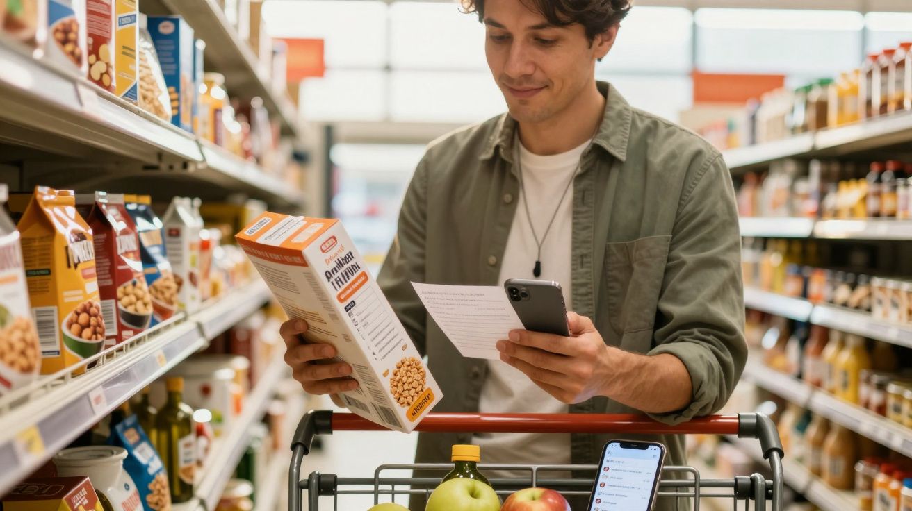 Homem em supermercado segurando caixa de cereal, olhando lista de compras e celular, com carrinho cheio de alimentos.