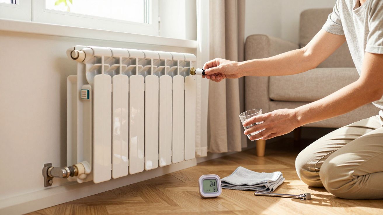 Pessoa ajusta radiador enquanto segura copo d'água, termostato digital no chão.