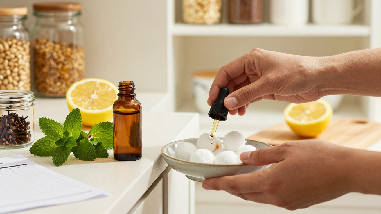 Mãos usando conta-gotas com óleo essencial em bolas de algodão, perto de ervas, limão e especiarias na cozinha.