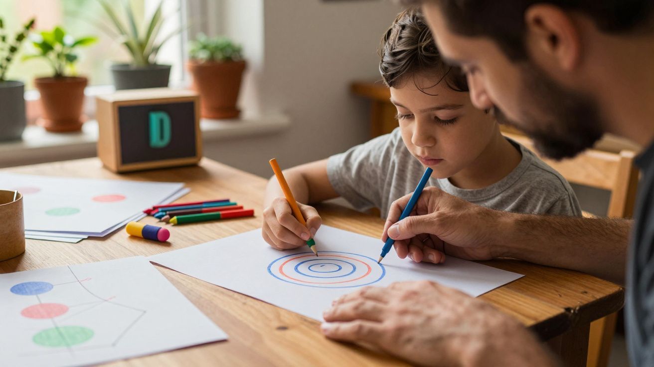 Pai e filho desenham juntos em uma mesa de madeira, cercados por lápis de cor e plantas ao fundo.