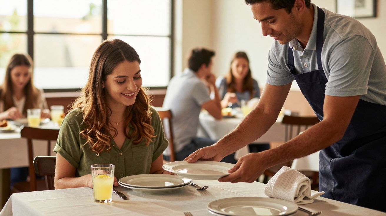 Garçom servindo uma mulher sorridente em um restaurante, com mesas e outras pessoas ao fundo.