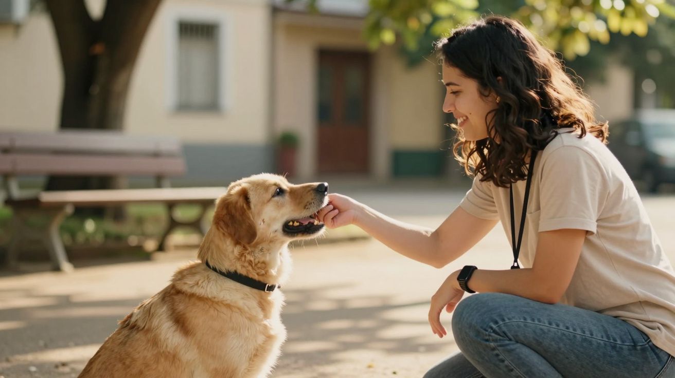 Mulher acariciando cachorro dourado em parque ensolarado, próxima a um banco de madeira e árvore.