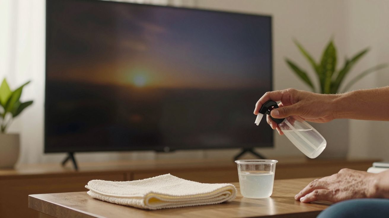 Pessoa segura borrifador de spray ao lado de pano e tigela com líquido, em frente a TV mostrando um pôr do sol.