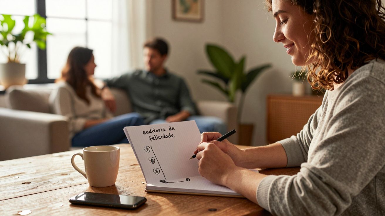 Mulher escrevendo em caderno com casal desfocado ao fundo, sala aconchegante com plantas, xícara e celular na mesa.