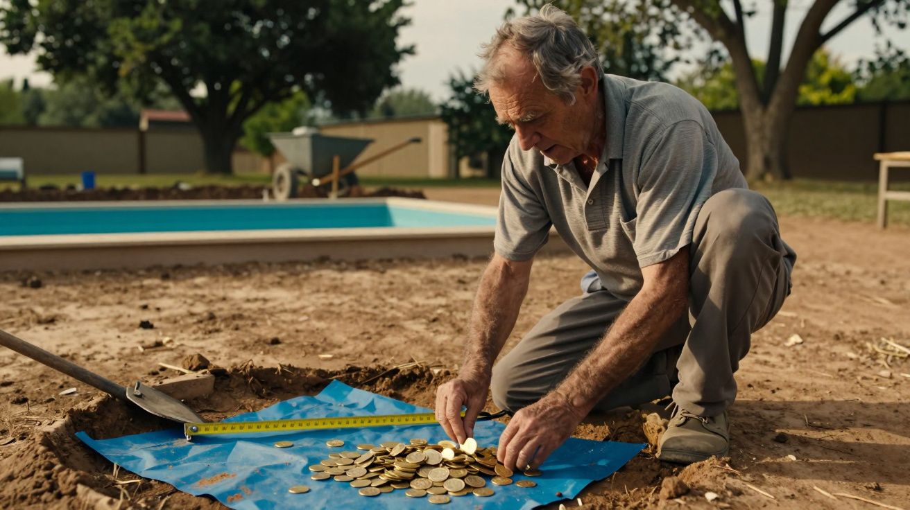 Homem idoso ajoelhado no chão observa moedas em um pano azul ao lado de uma piscina em construção.