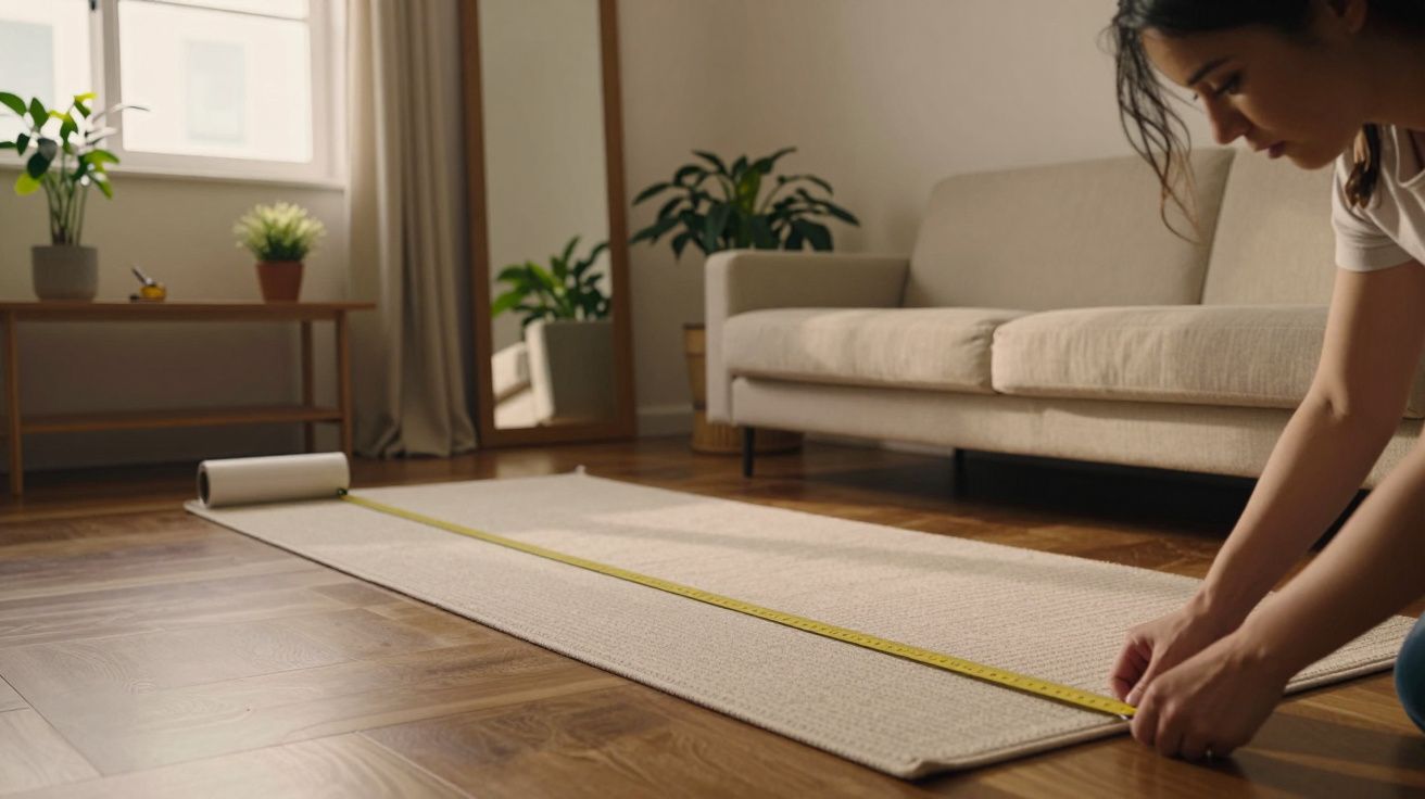 Mulher medindo um tapete bege no chão da sala, ao lado de um sofá bege e plantas ao fundo.