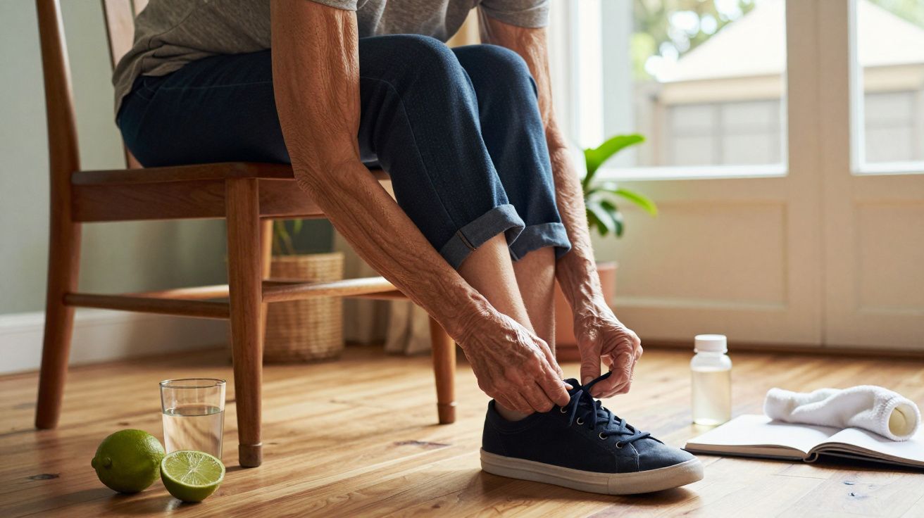 Pessoa coloca tênis sentado em cadeira de madeira. No chão, há um copo de água, limões, toalha e caderno.
