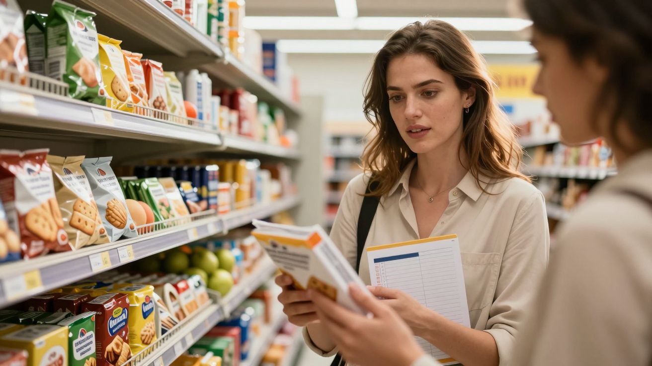 Duas mulheres estão em um supermercado analisando embalagens de produtos em uma prateleira repleta de alimentos variados.