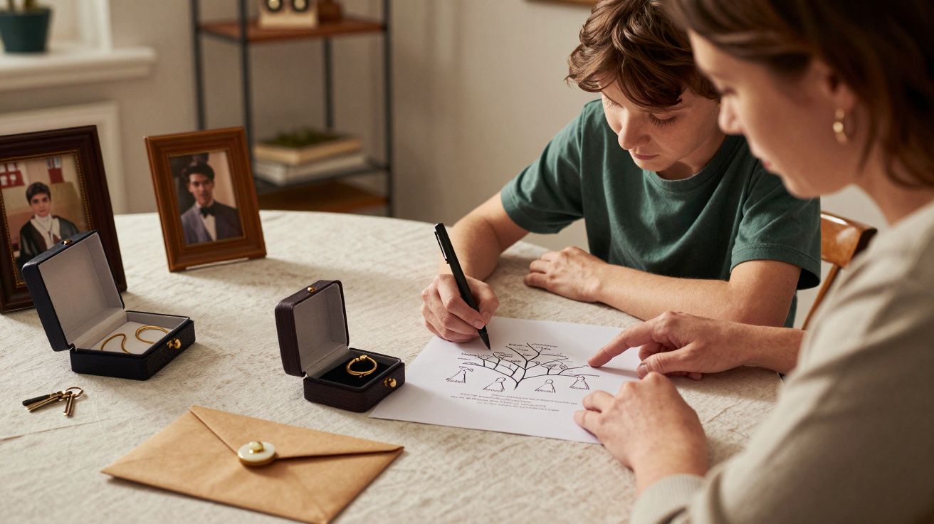 Menino desenhando com ajuda de mulher em mesa com joias, envelope e fotos emolduradas.